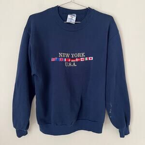 Vintage Jerzees New York USA Navy Blue Embroidered Flags Sweatshirt Size M